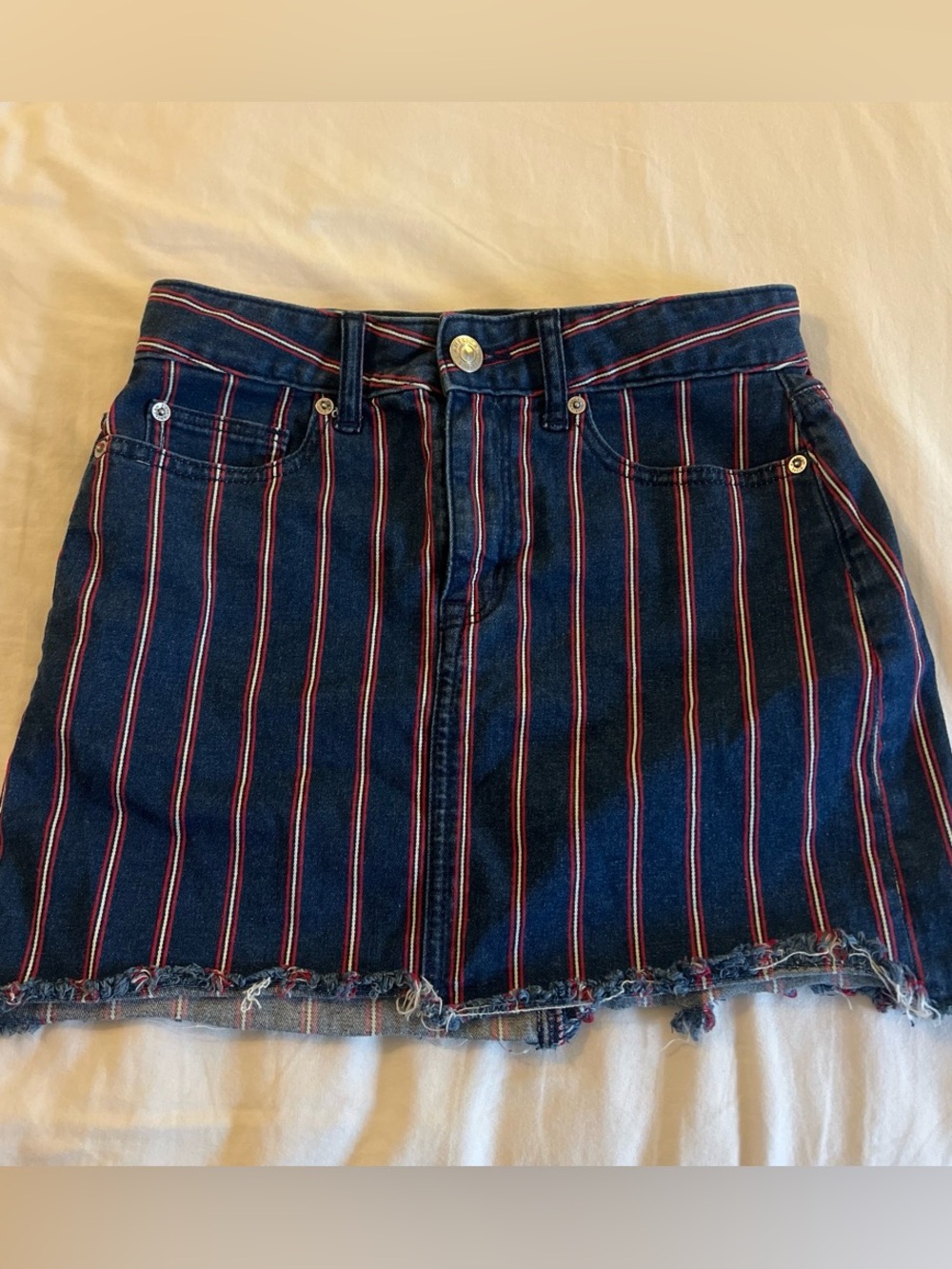 American Eagle Outfitters Navy Denim Mini Skirt with Red Pinstripes